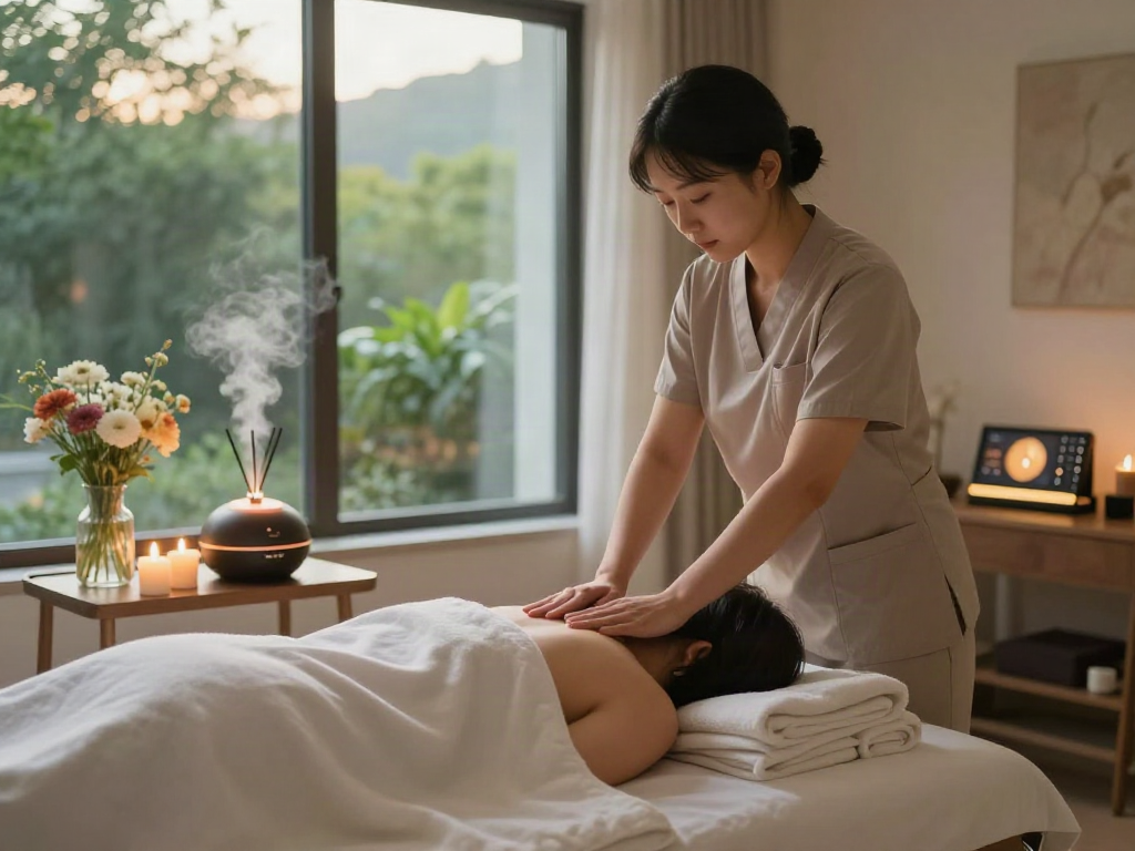 Relaxing 은평구출장마사지 experience in a serene spa setting with natural light, soothing ambiance.