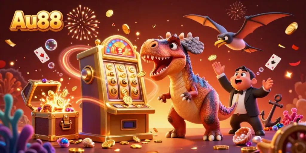 Watch Au88's exciting jackpot scene with pachycephalosaurus, golden coins, and bioluminescent effects.