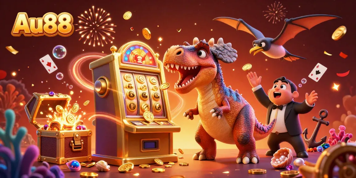Watch Au88's exciting jackpot scene with pachycephalosaurus, golden coins, and bioluminescent effects.