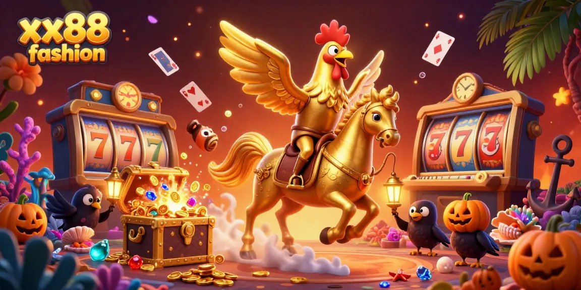 Engage with the exciting xx88 fashion scene featuring a golden rooster and vibrant casino elements with slot machines and surprises.