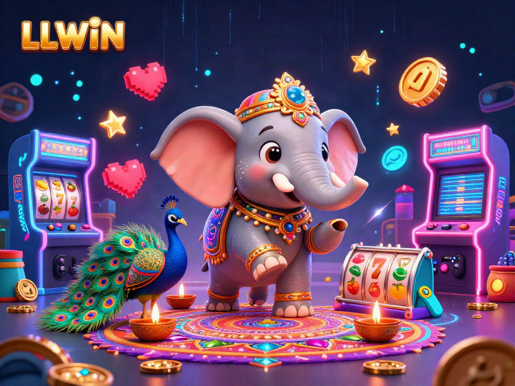 LLWIN showcases a vibrant 3D casino scene with a Diwali-themed elephant, slot elements, and dynamic gaming effects.