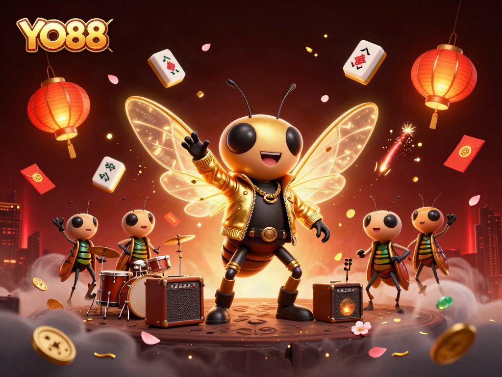 Experience the vibrant energy of YO88 with a dynamic casino-themed illustration featuring animated characters.
