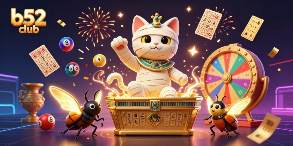 Experience the excitement of b52 club with a dynamic scene of a mummy cat and treasures in a casino.