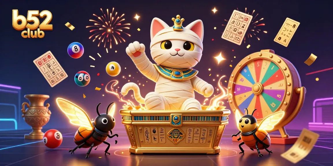 Experience the excitement of b52 club with a dynamic scene of a mummy cat and treasures in a casino.