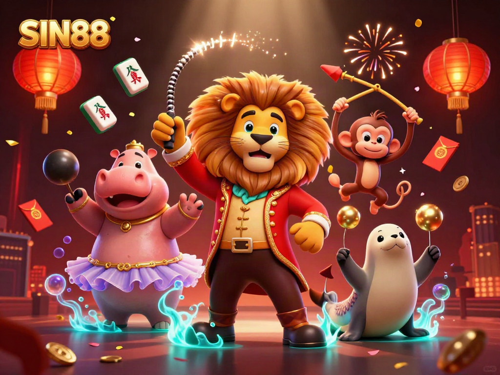 Engage with SIN88’s vibrant casino experience showcasing a dynamic 3D circus scene with lively characters.