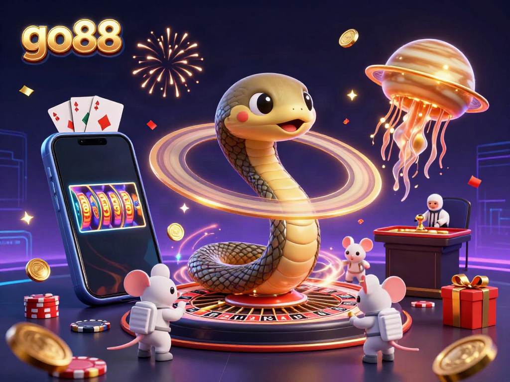 Experience exciting gameplay with go88's Saturn ring snake roulette, astronaut mice, and cosmic dealer in casino-themed celebration.
