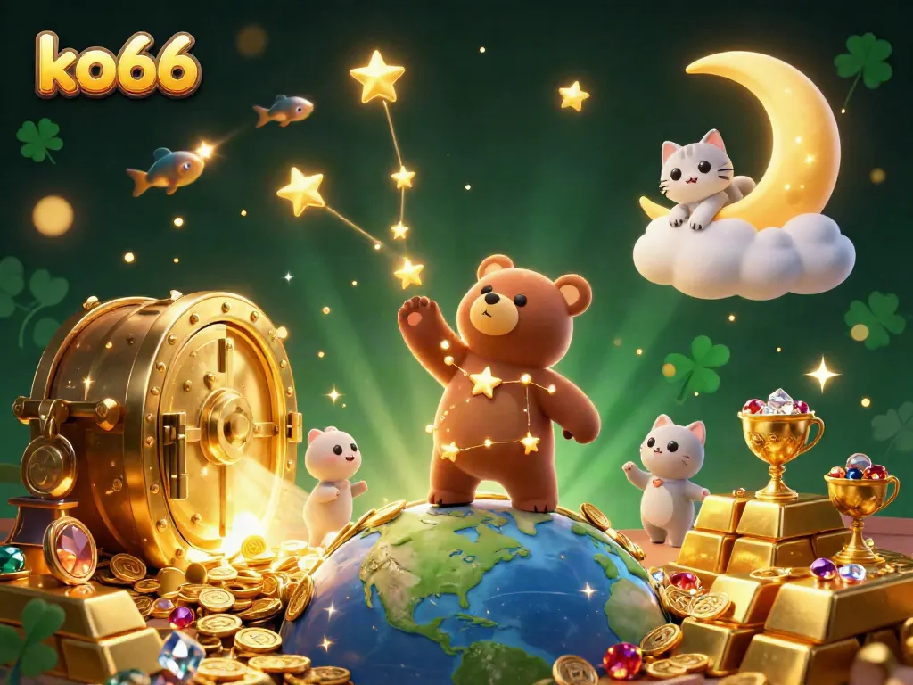 Experience winning moments at ko66 with a vibrant cosmic illustration capturing animated treasures.