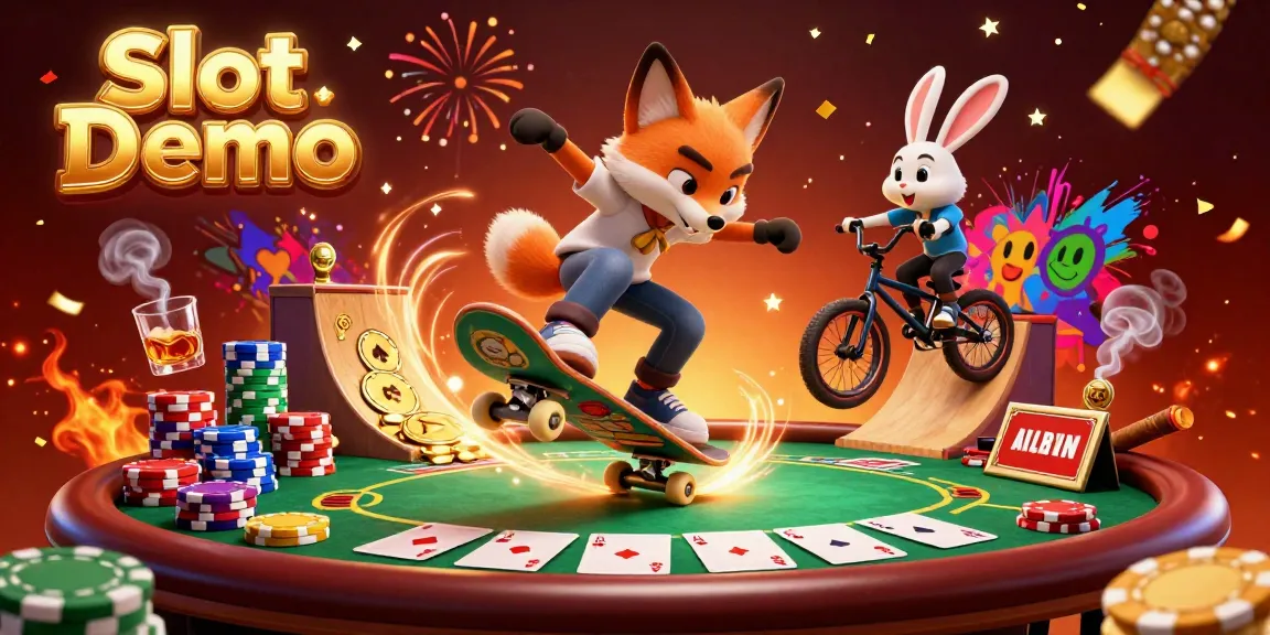 Engage with Slot Demo gameplay featuring vibrant 3D illustrations of a skateboarder fox and BMX rabbit in a casino setting.