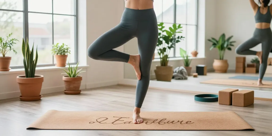 Practicing yoga on personalized cork yoga mat, showcasing custom engraving for unique style and comfort.