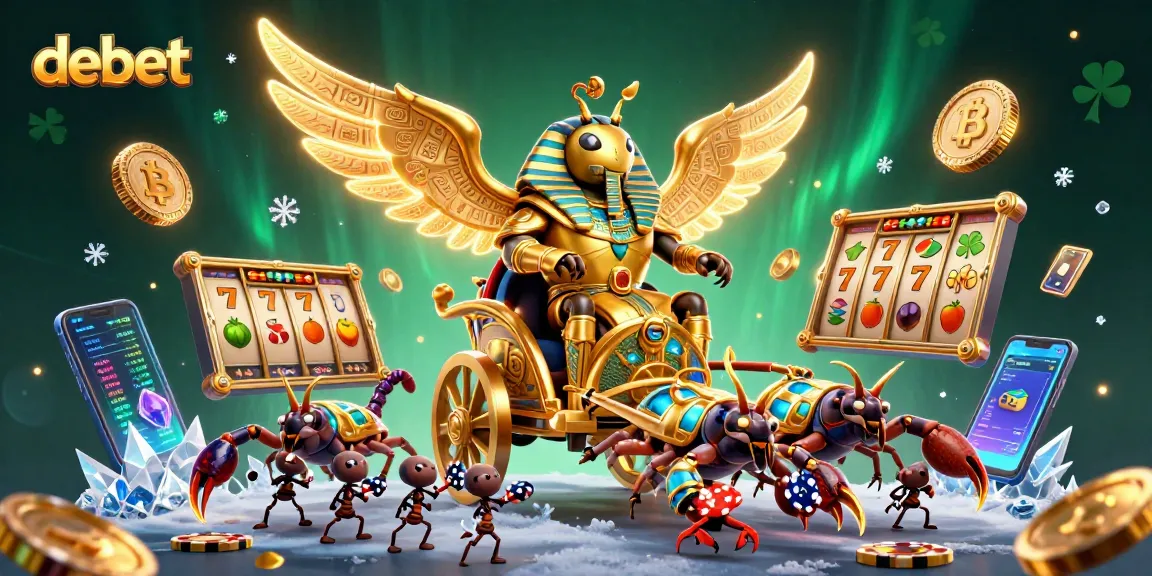 Experience the thrill of debet with a dynamic illustration featuring a golden beetle and crypto elements.