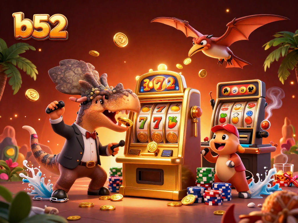 Engage with b52 by witnessing a dinosaur jackpot as coins rain down in a thrilling casino scene.