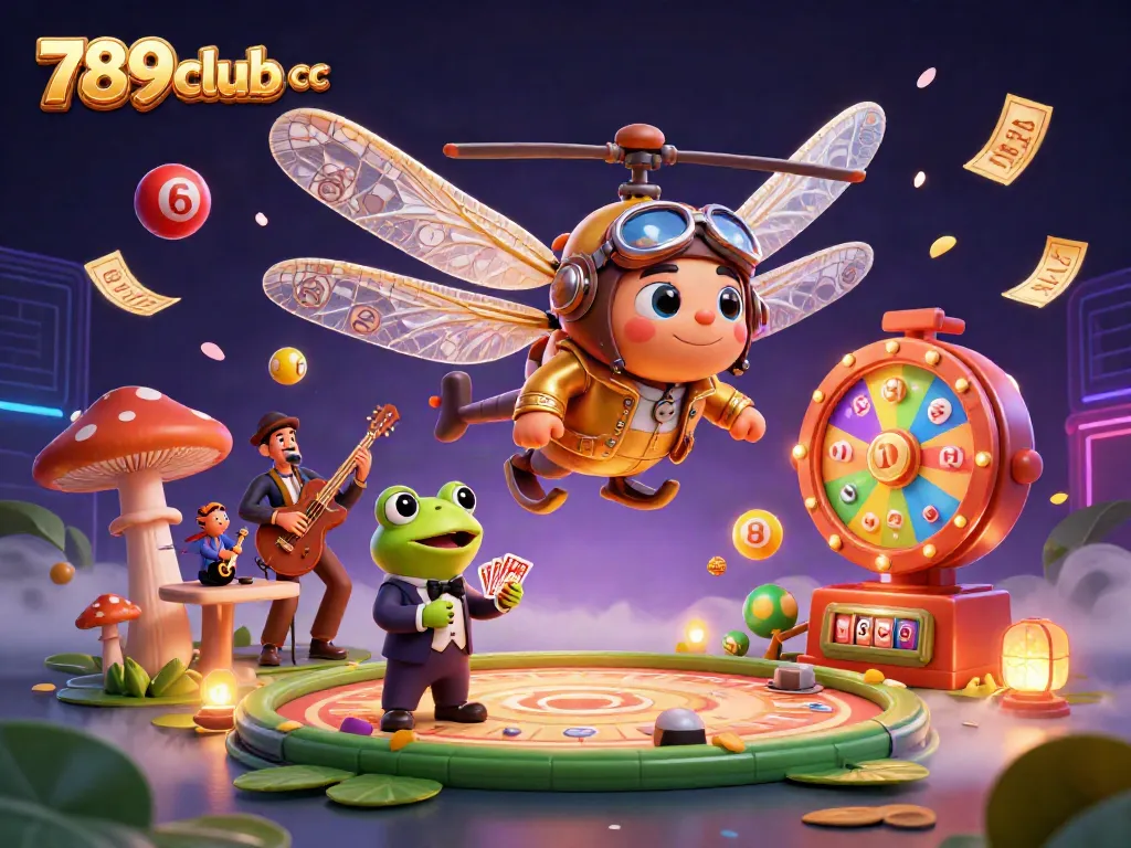 Experience thrilling moments at 789club cc with a vibrant 3D casino scene of a dragonfly pilot and frog croupier.