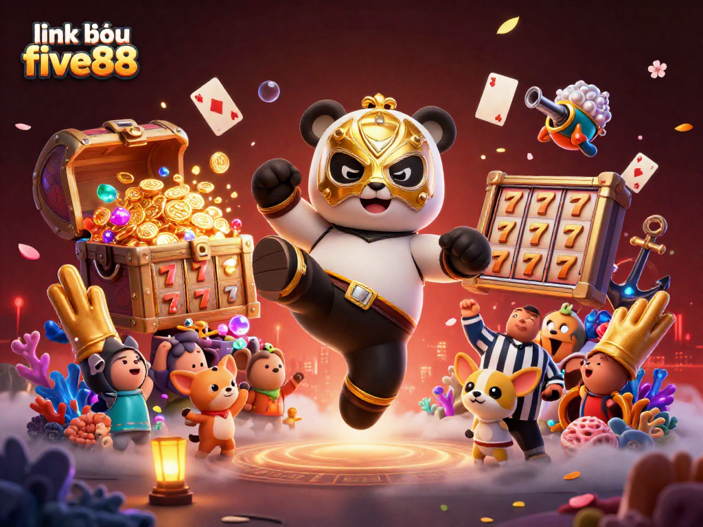 Experience ultimate excitement with link vào five88, an illustration of a panda wrestler kicking amidst dynamic casino elements.