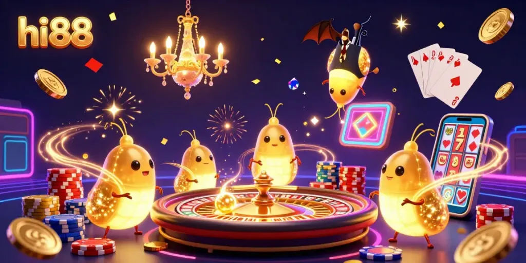 Engage with hi88 as glowworms illuminate a lively casino, showcasing vibrant games and sparkling elements.