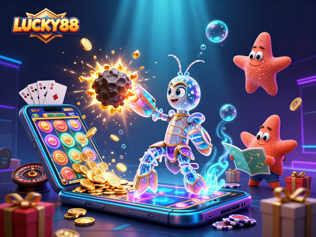 LUCKY88 casino illustration showing a 3D galactic samurai shrimp amid riches from a slot game.