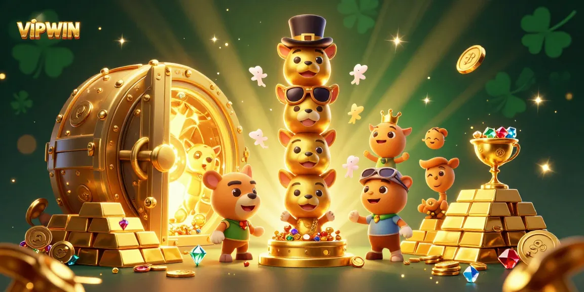 Experience excitement at VIPWIN with dazzling treasures and spirited totem decorations in a casino-themed illustration.