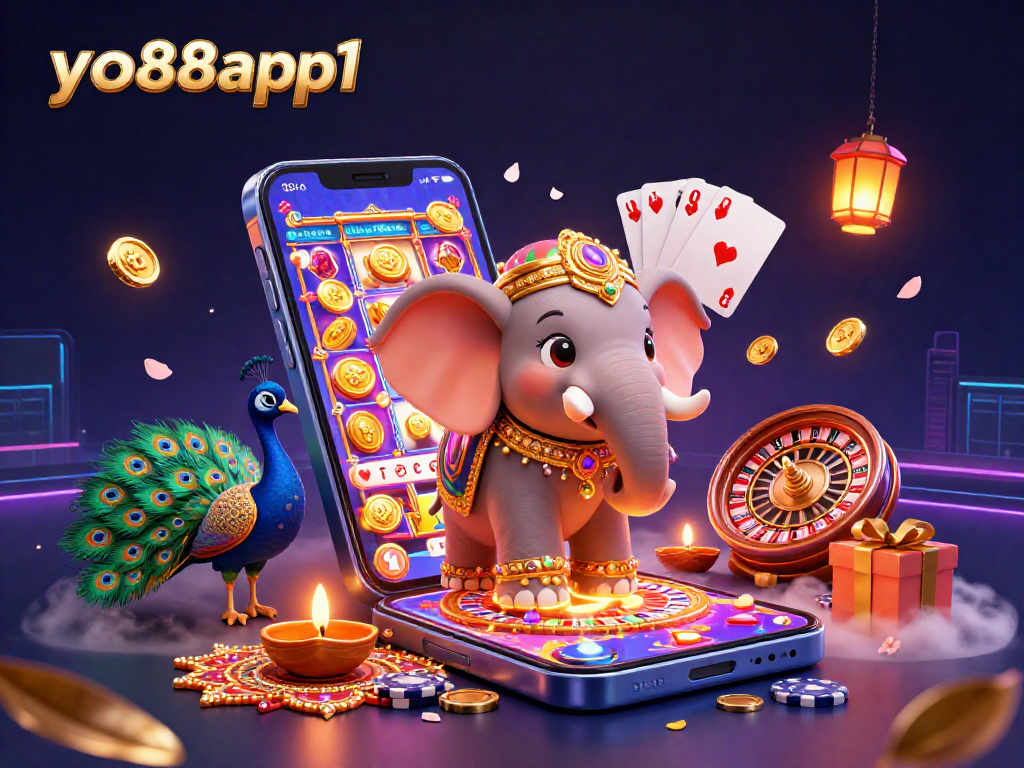 Engage with the yo88app1 gambling experience featuring lively casino elements and Diwali-themed characters.