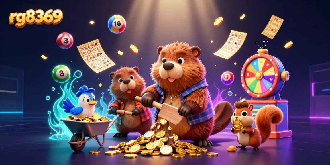 Experience thrill with rg8369 as a beaver collects gold coins in a vibrant casino scene.