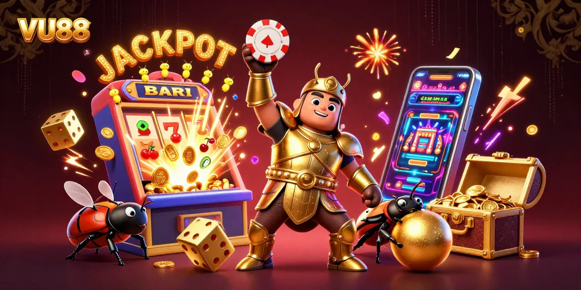 Witness VU88's hercules beetle triumphing in a vibrant jackpot celebration filled with casino elements.