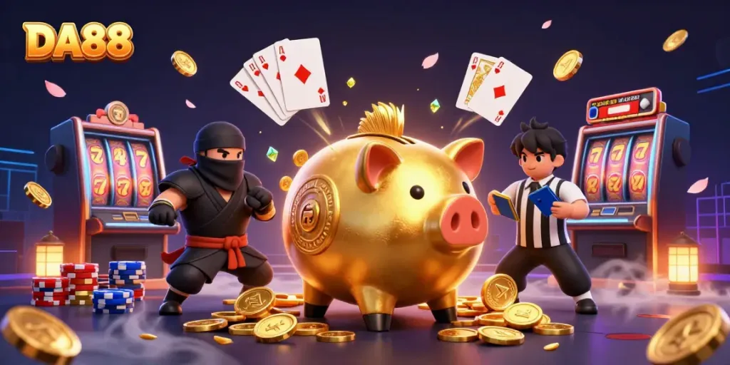 Experience high-stakes play at DA88 with vibrant gaming elements in a lively casino scene.