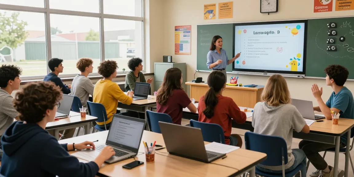 Quiz Allgemeinwissen Wettbewerb in einem lebhaften Klassenzimmer mit Schülern und Lehrern.