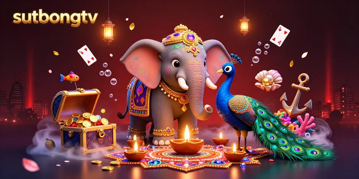 Sutbongtv showcases a playful Diwali elephant surrounded by floating cards and vibrant gems, representing a lively gambling atmosphere.