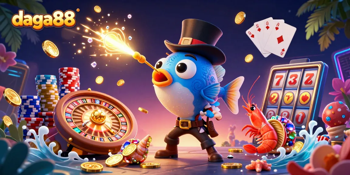 Daga88 captivates players with a vibrant scene of an anglerfish, shrimp, and snail amidst coins and casino elements.