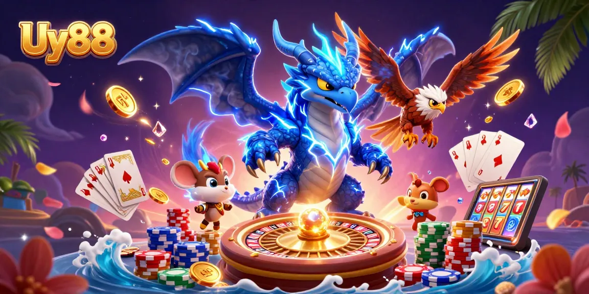 Experience thrilling gameplay with Uy88 as the thunder dragon, glowing hawk, and static mouse navigate the dynamic casino scene.