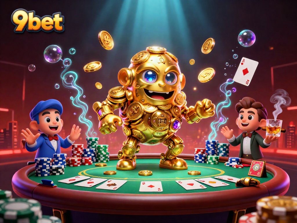 Engage with thrilling 9bet gameplay featuring the golden golem and vibrant poker elements.