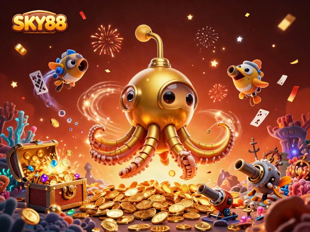 Engage in thrilling adventures at SKY88, featuring an epic golden kraken submarine amidst a treasure-filled sea.