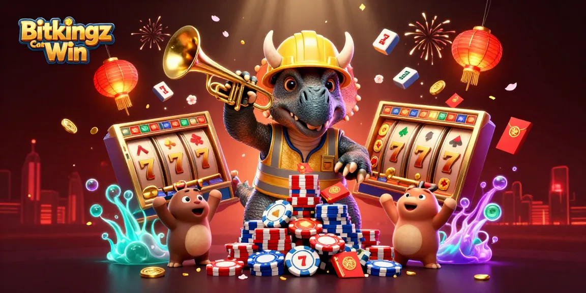 Erlebe spannende Gewinne im Bitkingz Casino Win mit fröhlichen Dinosaurier-Charakteren und Slot-Elementen im Hintergrund.