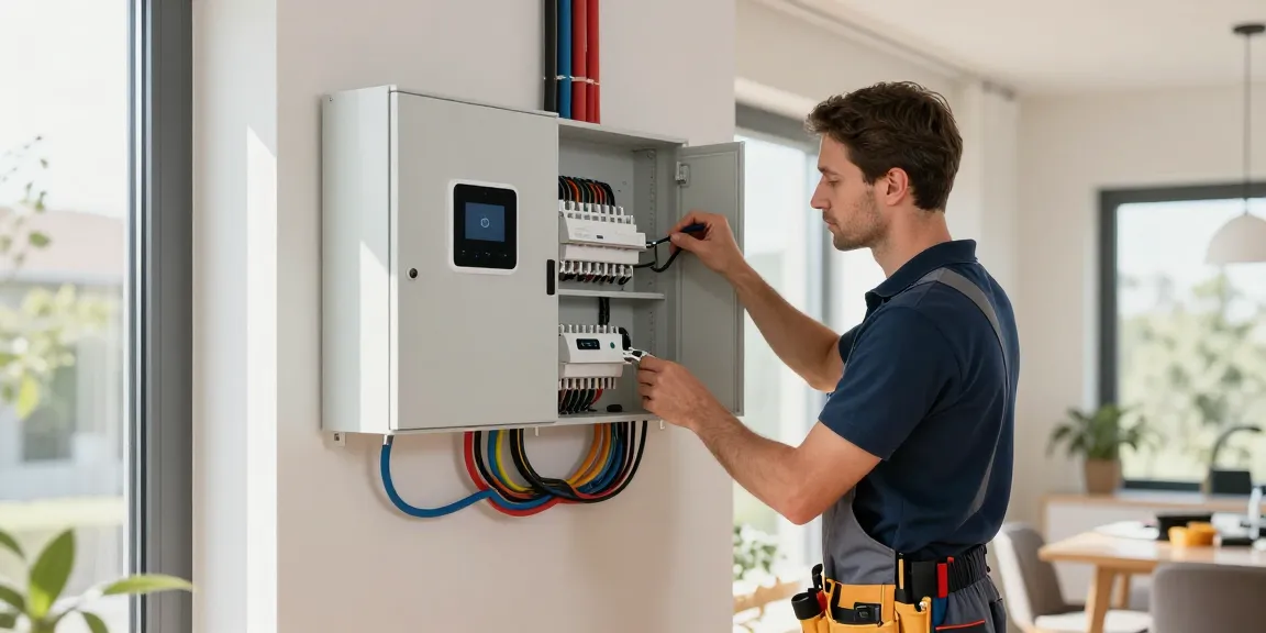 EB Elektrotechnik Dortmund Fachmann bei der Elektroinstallation in einem modernen Wohnhaus.