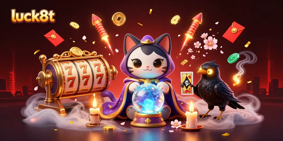 Experience luck8t with a vibrant scene of a fortune teller cat, raven, and slot reels in a mystical setting.