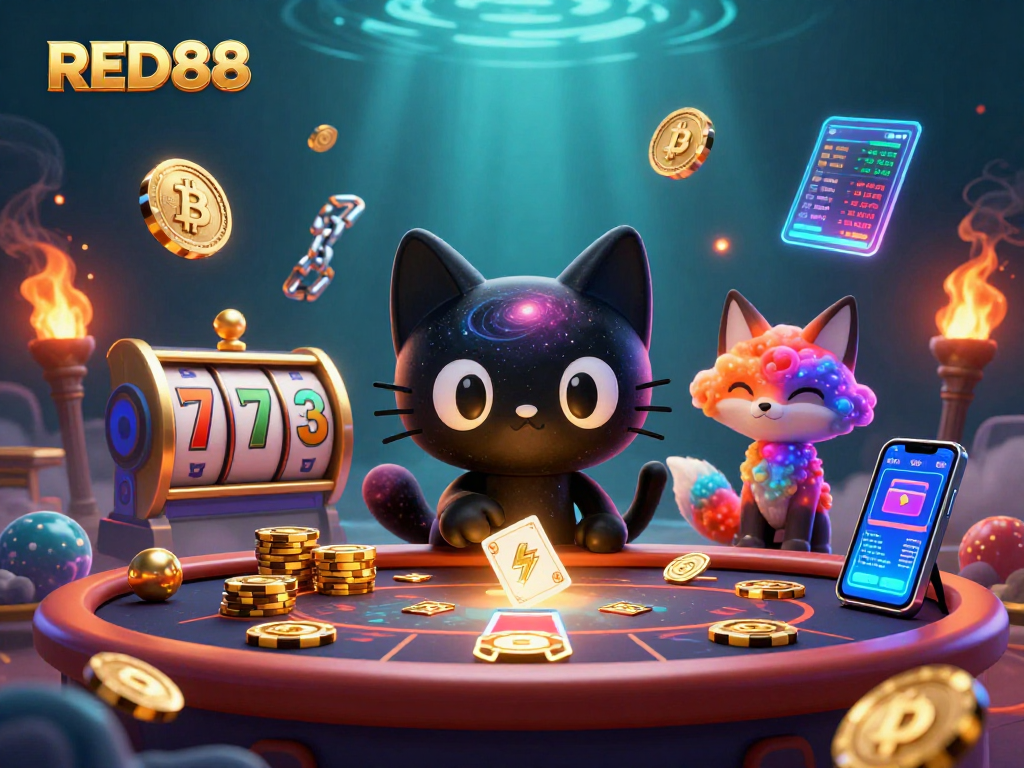 Experience gaming thrills with RED88 as the black hole cat pulls in winning chips and cards.