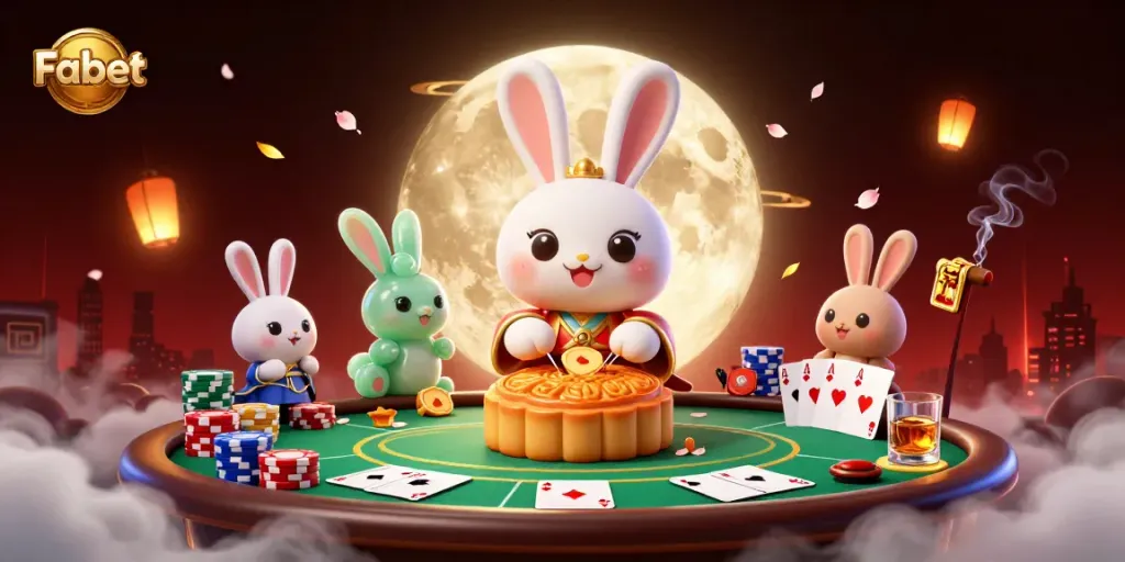 Engage in thrilling gameplay with Fabet as the moon rabbit reveals poker chips in a festive casino scene.