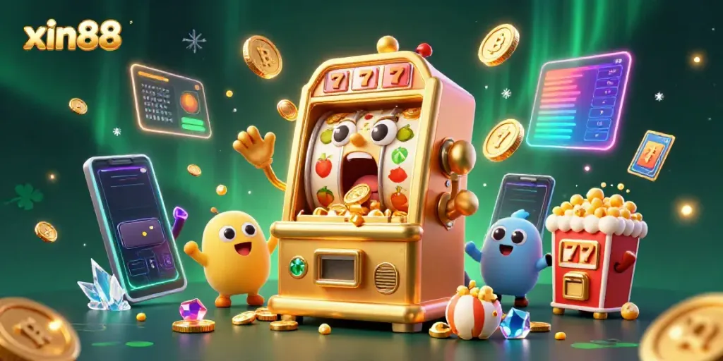 Experience xin88's vibrant jackpot scene with golden slot machines and exciting game elements.