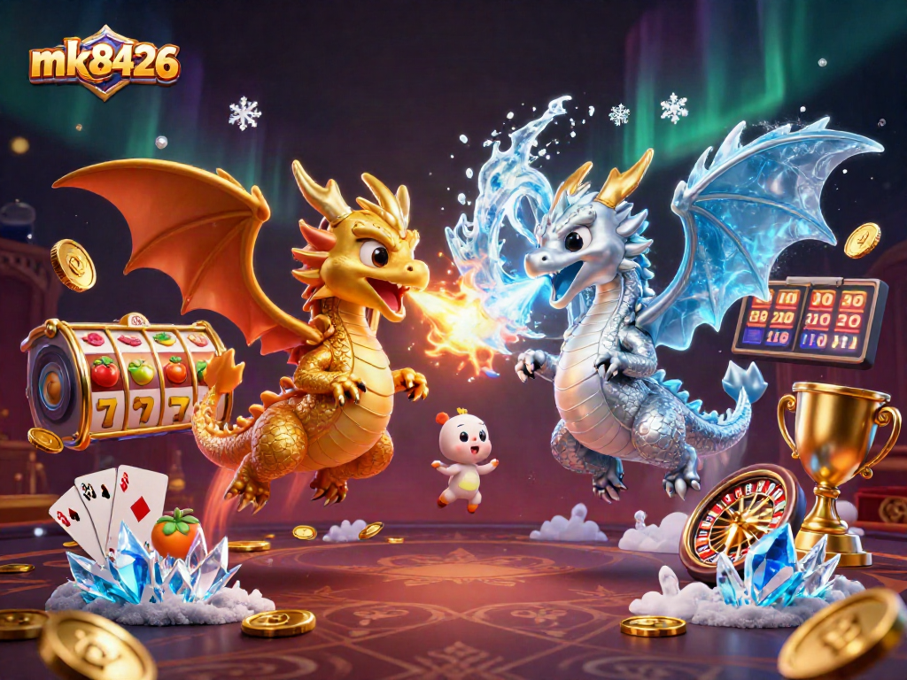 Experience the energy of mk8426 with twin dragons in a vibrant casino scene, blending fire and ice.