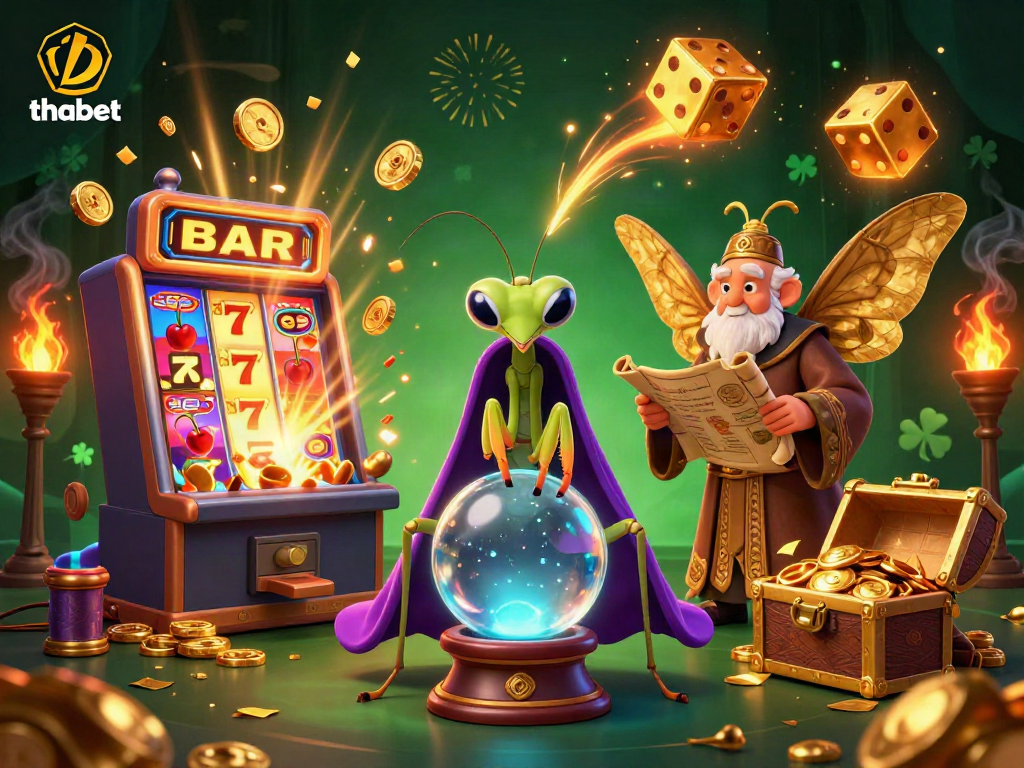 Experience fortune with thabet as mystical characters unveil casino treasures in a vibrant, animated scene.