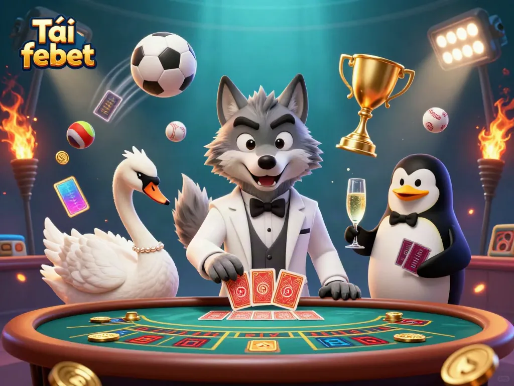 Activate power plays with Tải febet featuring a debonair wolf, elegant swan, and penguin sommelier.