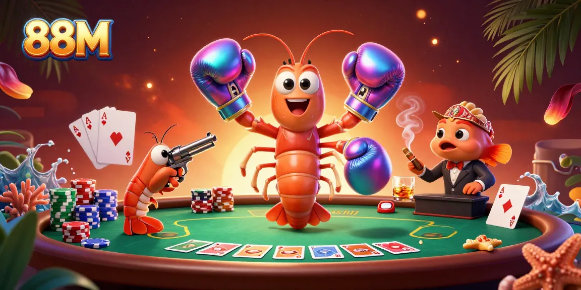 Experience thrilling poker action with 88M-integrated mantis shrimp and pistol shrimp in vibrant casino scene.