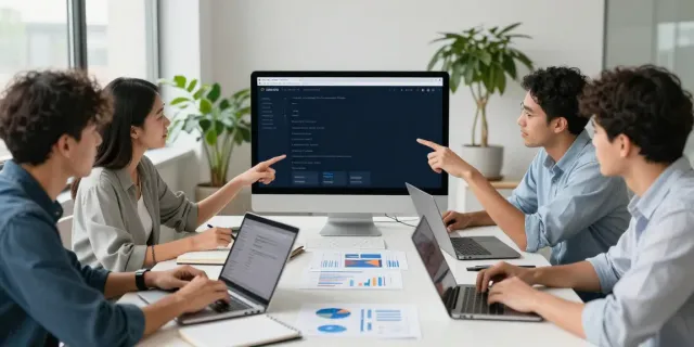 Ein Team von SEO-Spezialisten, die in einem modernen Büro über den Kauf von Backlinks diskutieren.
