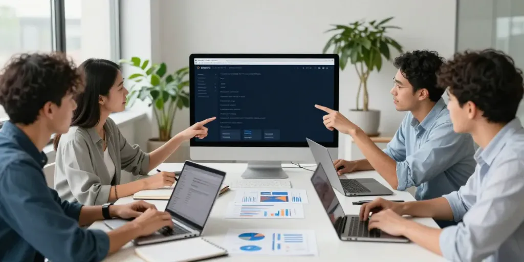 Ein Team von SEO-Spezialisten, die in einem modernen Büro über den Kauf von Backlinks diskutieren.