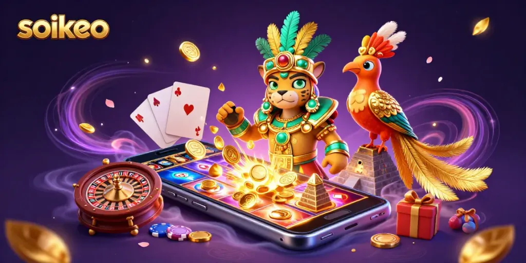 Place bets with Soikeo-inspired gaming scene featuring vibrant slot games and mystical characters