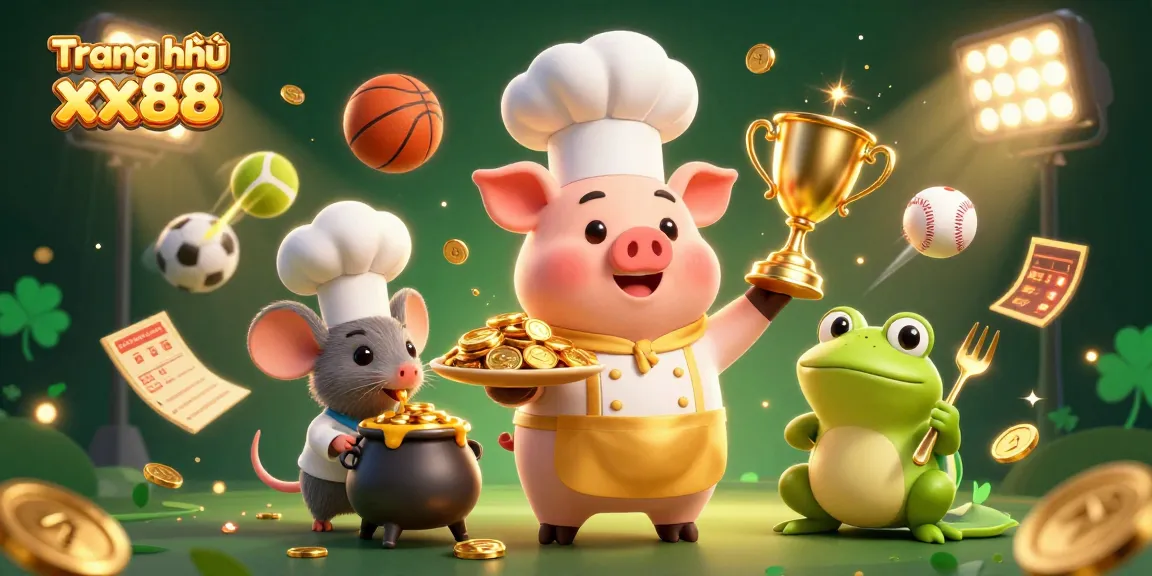 Experience the vibrant scene of Trang chủ xx88 with gold coins, sports elements, and animated characters.
