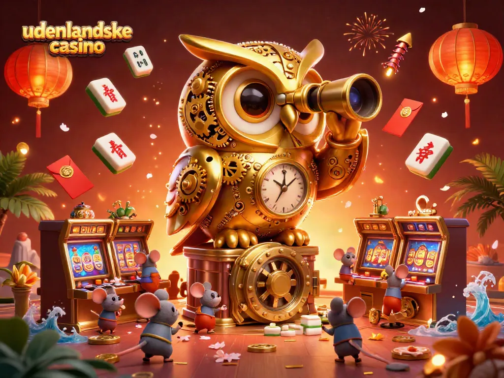 Experience the excitement of udenlandske casino with a lively 3D illustration depicting a golden owl and vibrant gaming elements.