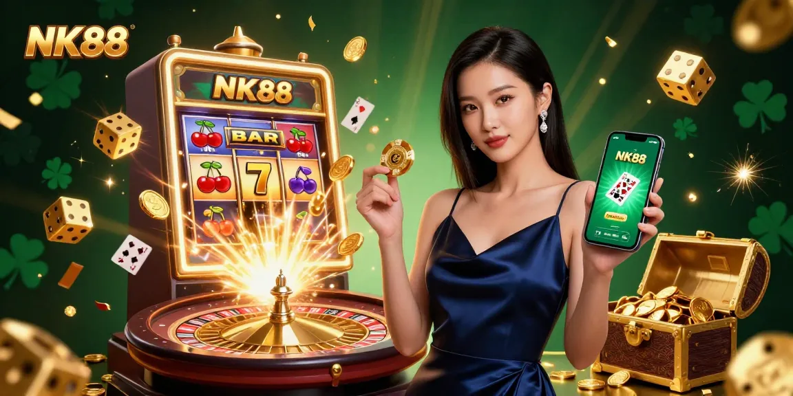 Experience thrilling wins at NK88 with a stunning Asian woman celebrating casino games and jackpots in a vibrant scene.