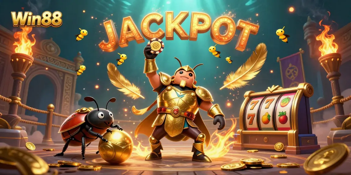 Win88 illustration with a beetle in golden armor lifting a poker chip in victory amidst vibrant casino elements.