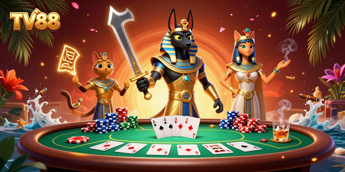 Engage in exciting casino gameplay at TV88 with vibrant poker and Egyptian-themed characters.