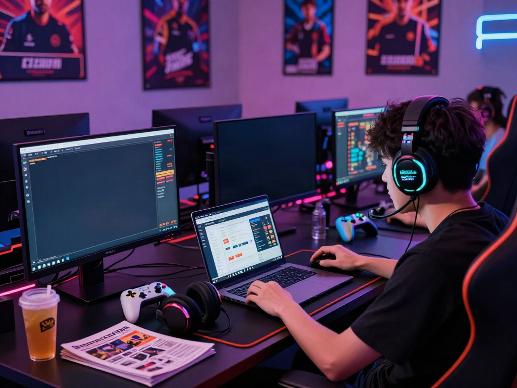 Dewacash Asia gaming scene with a player using multiple monitors and vibrant lighting.