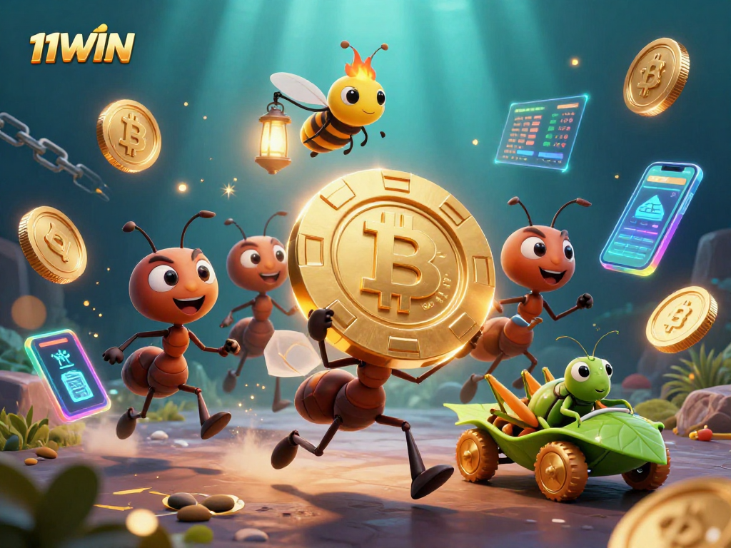 Grab exciting winnings at 11WIN with a vibrant 3D heist scene of ants and crypto elements.